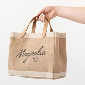 Magnolia Script Market Burlap Tote